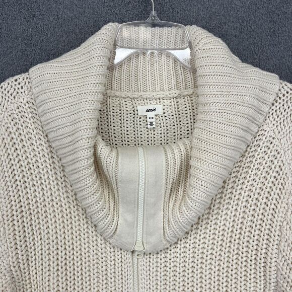 Aerie Sweater Cardigan Womens Medium Cream Zip Front Cowl Neck Cropped Knit - Picture 3 of 16
